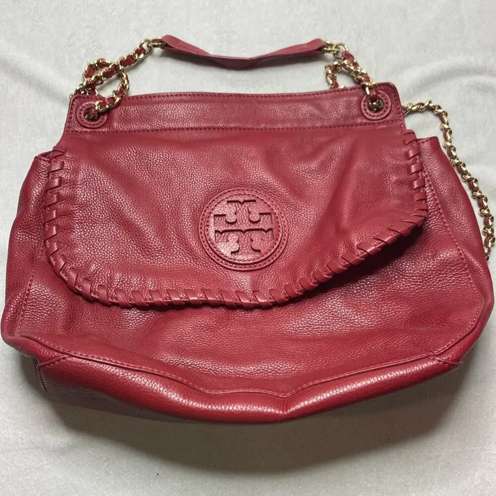 Tory Burch Marion Red Leather Saddle Bag with Gold Hardware